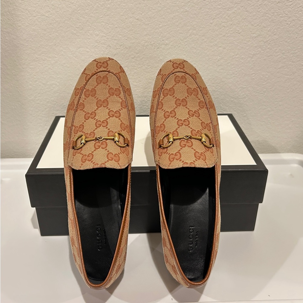 Gucci Jordaan Canvas GG Monogram Loafers Beige Ruggine Rust, Size 41.5, NIB